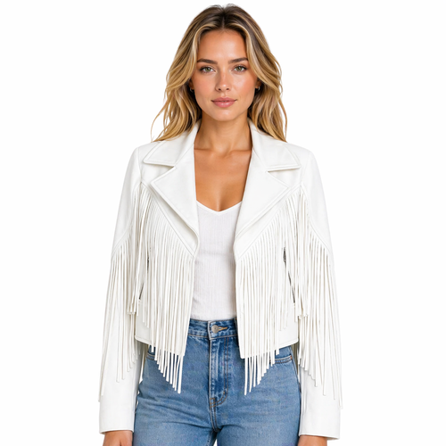 Womens Leather Fringe Jacket Cropped Biker Western Cowgirl Festival Style
