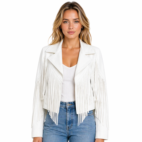 Womens Leather Fringe Jacket Cropped Biker Western Cowgirl Festival Style