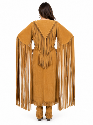 Premium Women’s Suede Western Fringe Gown  Genuine Leather Tassel Statement Dress with Cascading Floor Length Fringe