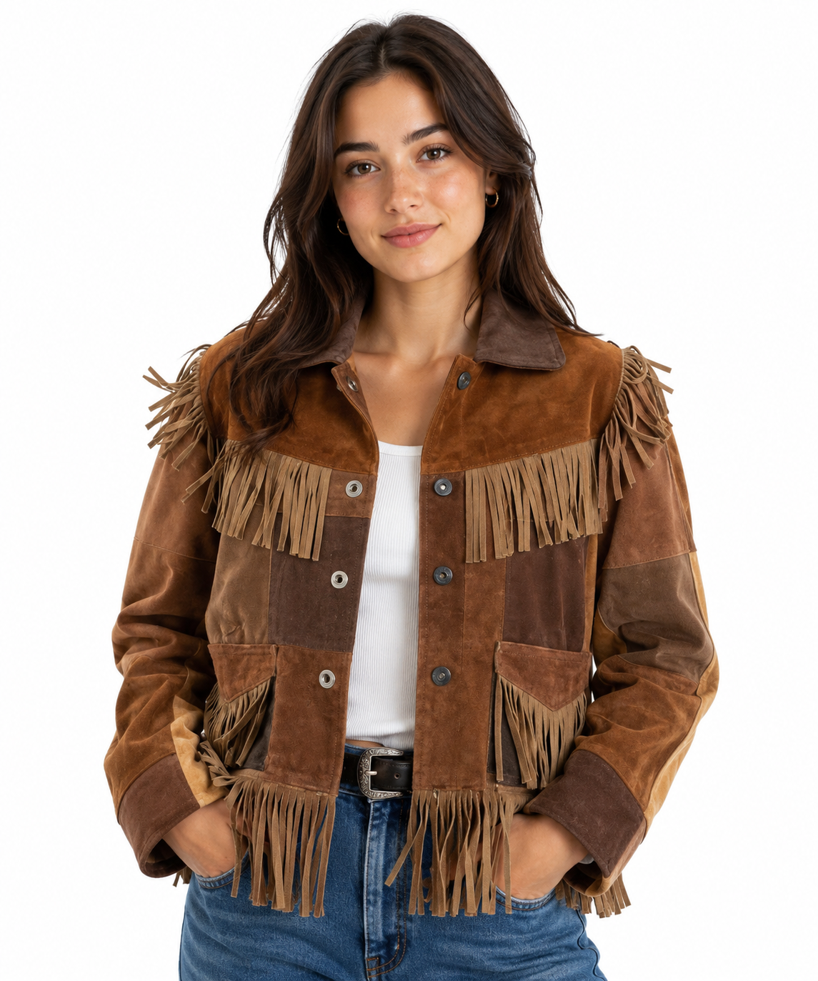 Women’s  Suede Western Jacket  Genuine Leather Patchwork Crop Coat with Button Closure and Tiered Fringe Trim