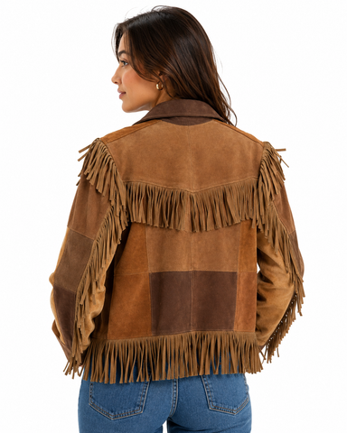 Women’s  Suede Western Jacket  Genuine Leather Patchwork Crop Coat with Button Closure and Tiered Fringe Trim