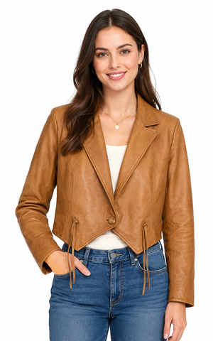 Women Cropped Leather Blazer Jacket Cognac Tan Casual Moto Coat