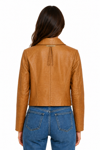 Women Cropped Leather Blazer Jacket Cognac Tan Casual Moto Coat