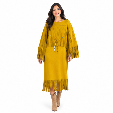 Women’s Long Genuine Leather Fringe Dress – Handcrafted Statement Maxi Dress