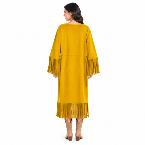 Women’s Long Genuine Leather Fringe Dress – Handcrafted Statement Maxi Dress