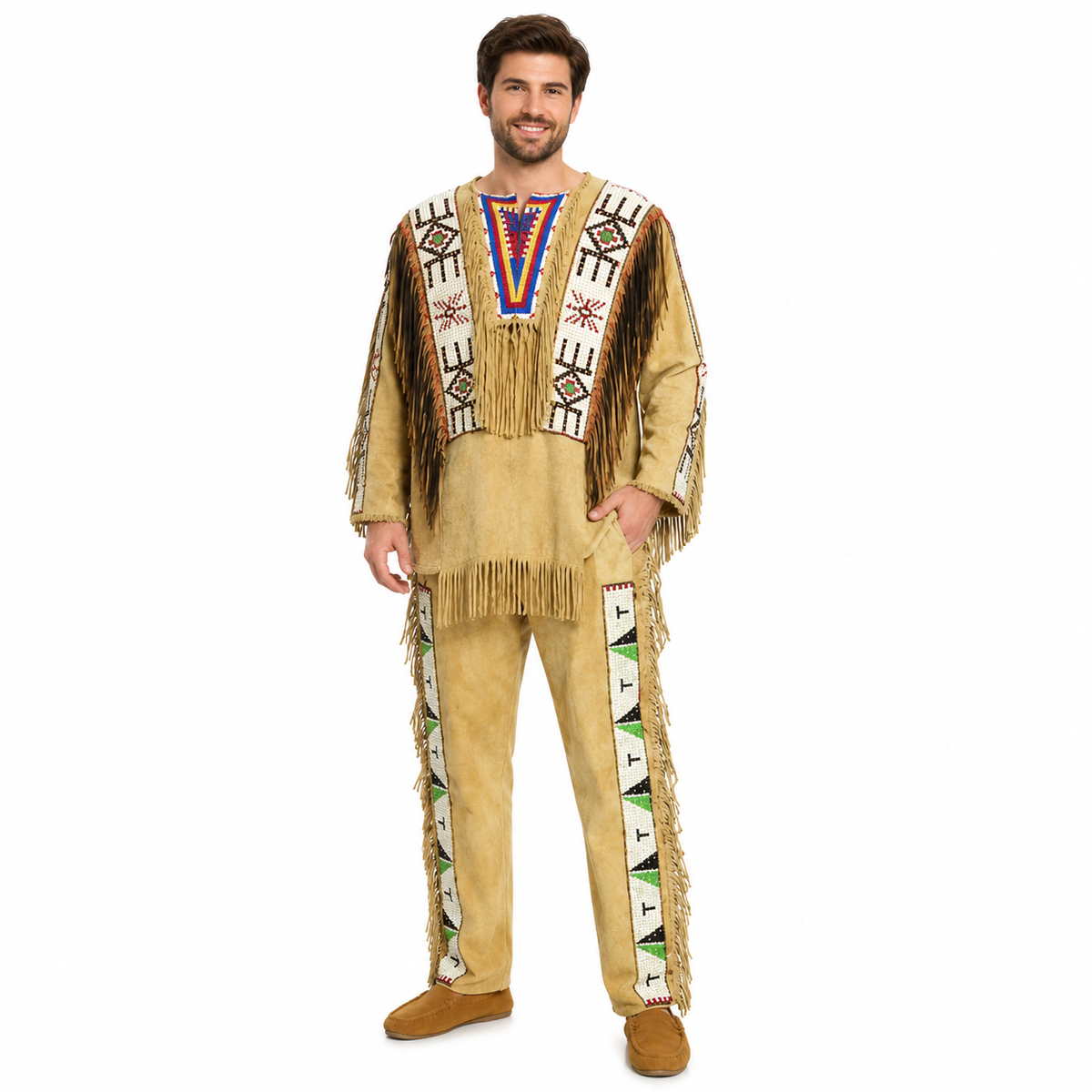 Premium Suede Frontier Outfit  Two Piece Western Fringe Shirt and Pants Set with Handmade Native Beaded Panels