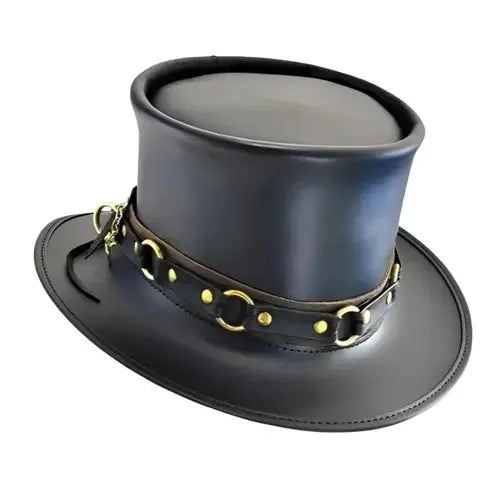 Black Cowhide Steampunk Top Hat – Gothic Victorian Biker Style