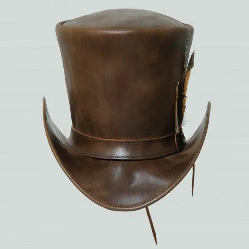 Distressed Brown Leather Top Hat Steampunk Gothic Biker Mad Hatter Feather Handmade Festival Hat