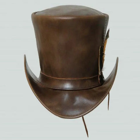 Distressed Brown Leather Top Hat Steampunk Gothic Biker Mad Hatter Feather Handmade Festival Hat