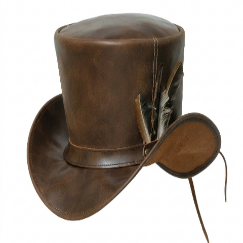 Distressed Brown Leather Top Hat – Steampunk Mad Hatter Style