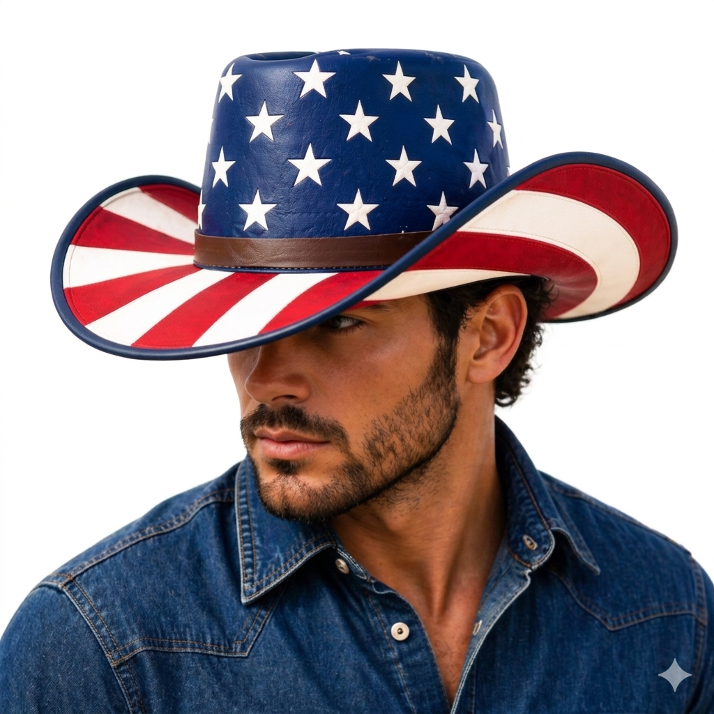 Genuine Leather Patriotic Cowboy Hat - American Flag Outback Western Hat Unisex