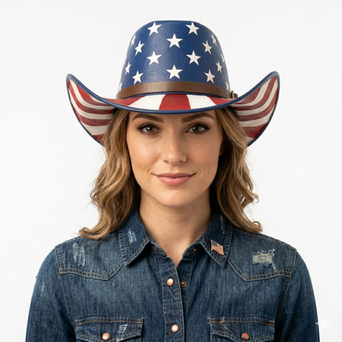 Genuine Leather Patriotic Cowboy Hat - American Flag Outback Western Hat Unisex