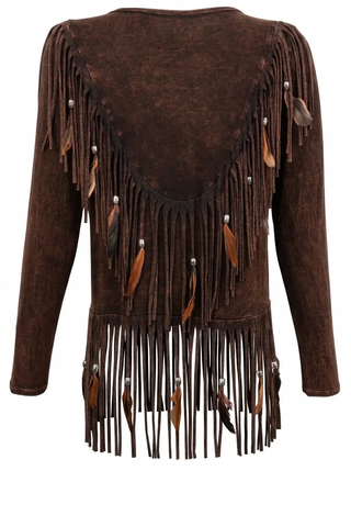 Women Western Fringe Jacket Brown Suede Tassel Cardigan Vintage Native American Style Bohemian Long Sleeve Top Coat