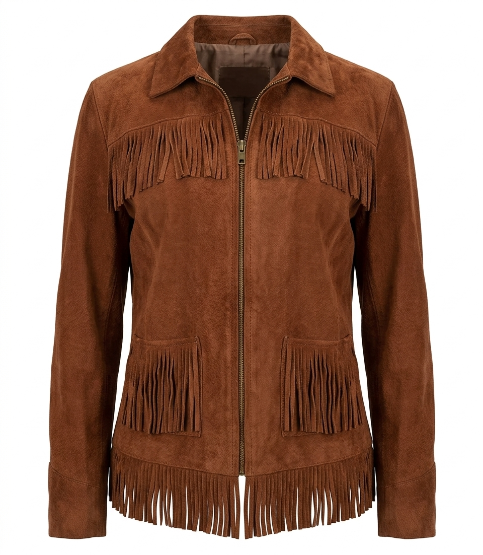 Women Suede Fringe Jacket Western Cowgirl Zip Front Leather Coat