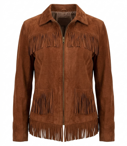 Women Suede Fringe Jacket Western Cowgirl Zip Front Leather Coat