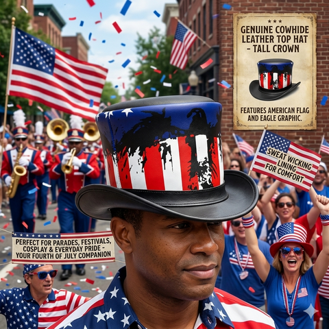 ILHAN LUXURY Genuine Leather American Flag Top Hat – Patriotic USA Eagle Festival Hat