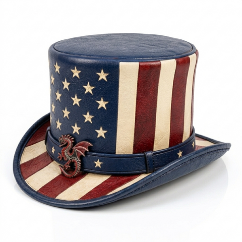 Genuine Leather American Flag Top Hat - Patriotic Dragon Accent Steampunk Biker Hat