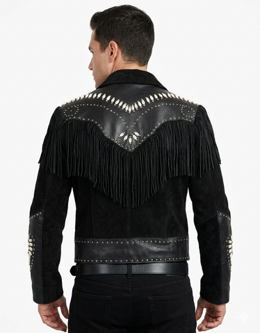 Mens Suede Leather Fringe Jacket Western Cowboy Dual Tone Studded Zipper Coat