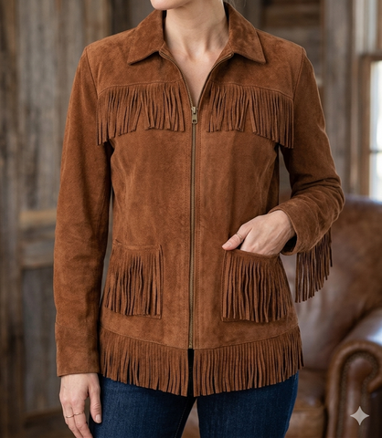 Women Suede Fringe Jacket Western Cowgirl Zip Front Leather Coat