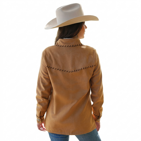 Women’s Genuine Suede Western Jacket – Tan Leather Coat with Whipstitch Detail & Ornate Silver Buttons – Longline Fit