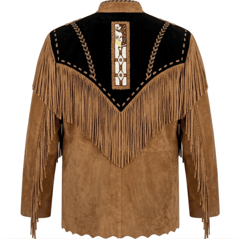 Mens Suede Fringe Jacket Western Beaded Cowboy Mandarin Collar Snap Front Coat