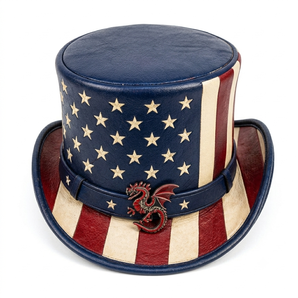 Genuine Leather American Flag Top Hat - Patriotic Dragon Accent Steampunk Biker Hat