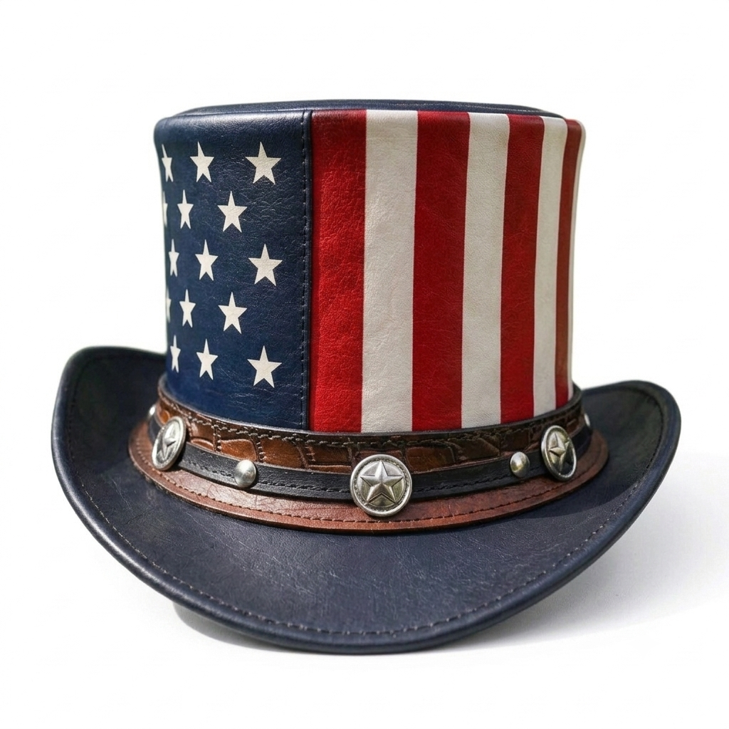Genuine Leather American Flag Top Hat - Patriotic Studded Western Cowboy Hat Unisex