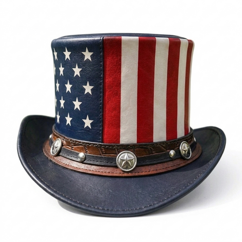 Genuine Leather American Flag Top Hat - Patriotic Studded Western Cowboy Hat Unisex