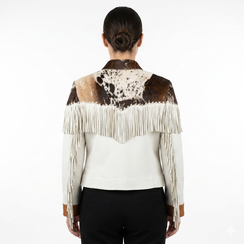 Women's White Leather Western Fringe Jacket | Cowhide Fur Trim Cowgirl Coat
