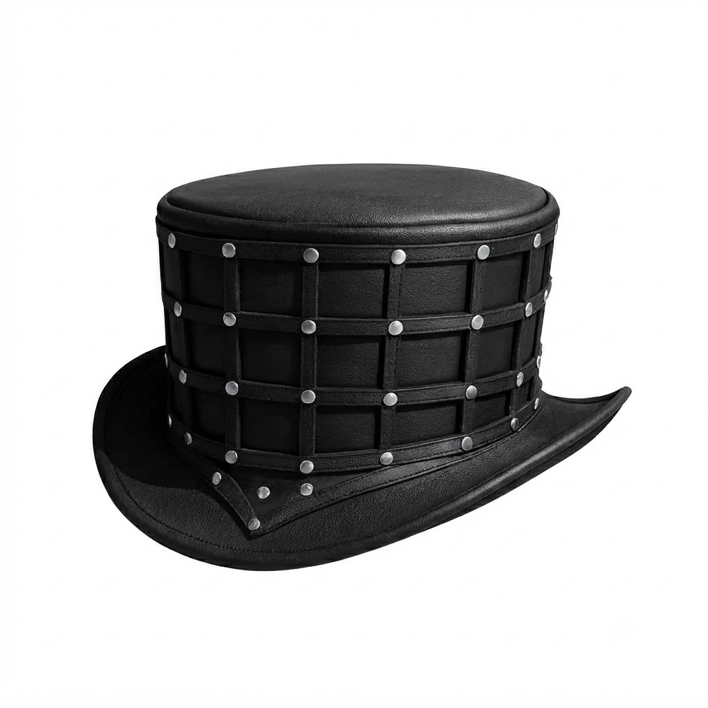 ILHAN LUXURY Leather Top Hat – Handmade Black Grid Gothic Hat with Studs