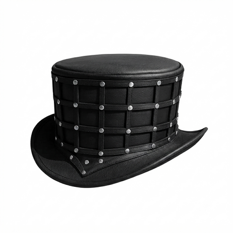 ILHAN LUXURY Leather Top Hat – Handmade Black Grid Gothic Hat with Studs