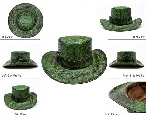 Green Crocodile Embossed Leather Top Hat - Steampunk Gothic Costume Hat