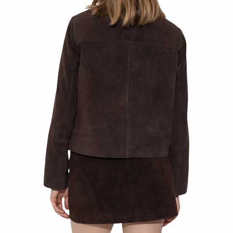 Women’s Genuine Suede Button-Up Jacket – Minimalist Boxy Leather Coat with Classic Collar & Front Pockets