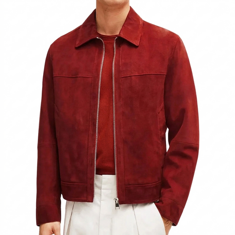 Mens Red Suede Leather Jacket Classic Zip Front Casual Bomber Coat