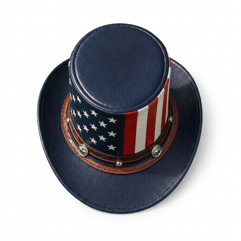 Genuine Leather American Flag Top Hat - Patriotic Studded Western Cowboy Hat Unisex