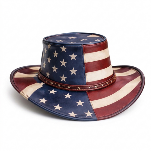 ILHAN LUXURY Unisex Patriotic American Flag Genuine Leather Cowboy Hat