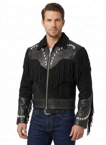 Mens Suede Leather Fringe Jacket Western Cowboy Dual Tone Studded Zipper Coat