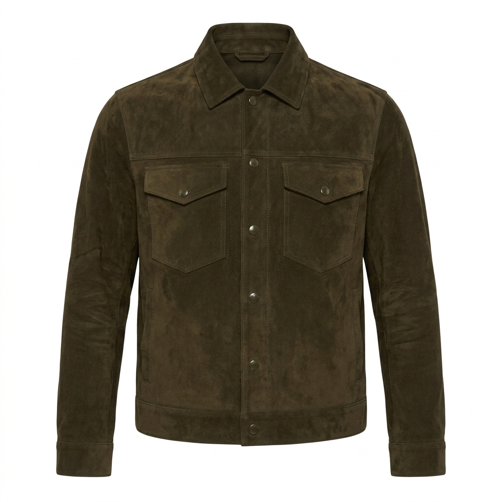Mens Suede Trucker Jacket Slim Fit Western Snap Button Clean Minimal Coat