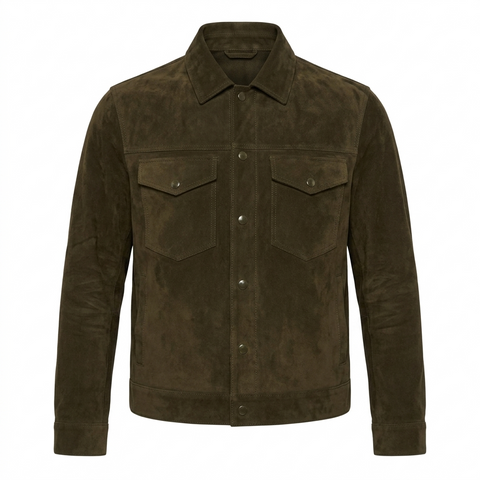 Mens Suede Trucker Jacket Slim Fit Western Snap Button Clean Minimal Coat