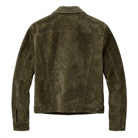 Mens Suede Trucker Jacket Slim Fit Western Snap Button Clean Minimal Coat