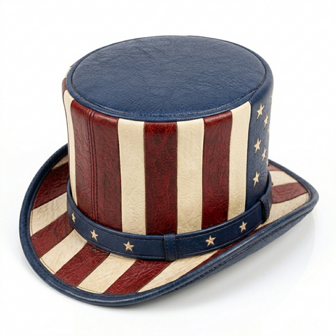 Genuine Leather American Flag Top Hat - Patriotic Dragon Accent Steampunk Biker Hat