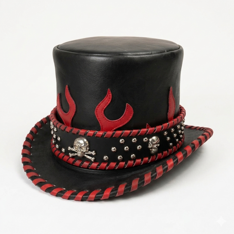 Black Leather Top Hat Red Flame Skull Gothic Steampunk Biker Festival Hat