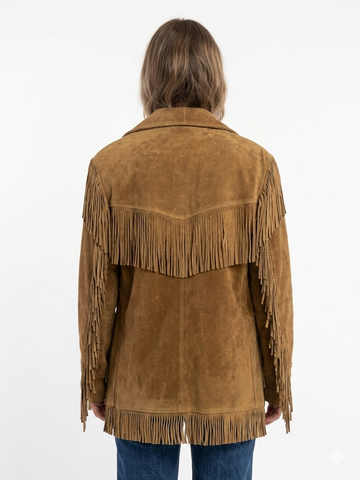 Women’s Western Suede Fringe Jacket - Genuine Leather Tassel Coat with Notch Lapels & Front Button Closure