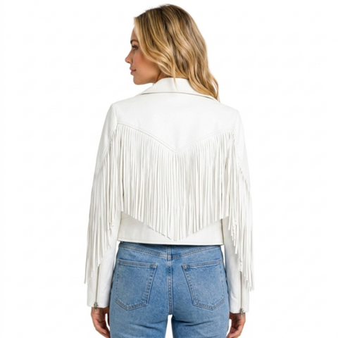 Womens Leather Fringe Jacket Cropped Biker Western Cowgirl Festival Style