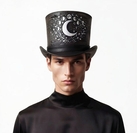 Celestial Moon Phases Leather Top Hat - Gothic Astronomy & Astrology Costume Hat