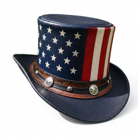 Genuine Leather American Flag Top Hat - Patriotic Studded Western Cowboy Hat Unisex