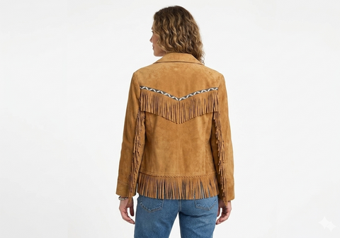ILHAN LUXURY Women's Suede Fringe Jacket Western Cowgirl Coat with Geometric Beaded Trim