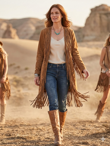 Women’s Suede Fringe Cardigan  Genuine Leather Open Front Long Duster Coat with Dramatic V Shaped Cascading Tassels