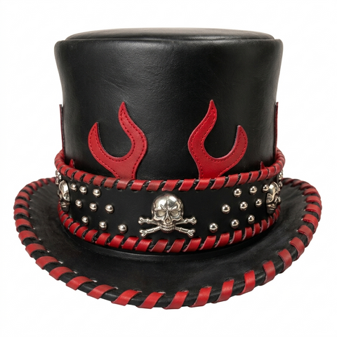 Black Leather Top Hat Red Flame Skull Gothic Steampunk Biker Festival Hat