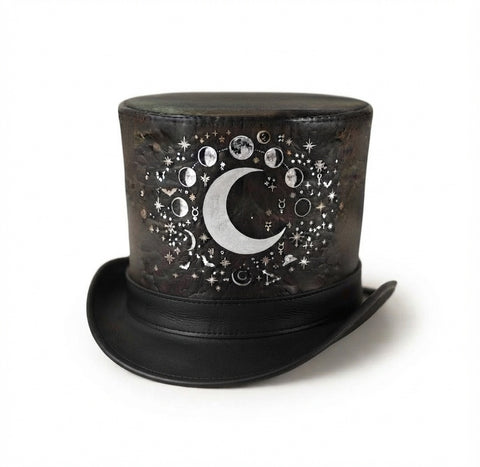 Celestial Moon Phases Leather Top Hat - Gothic Astronomy & Astrology Costume Hat